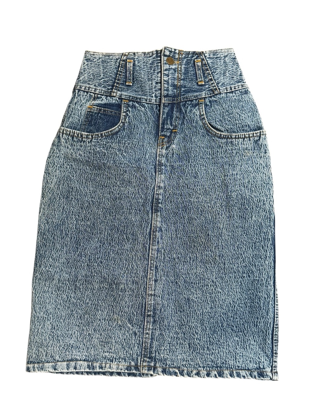 Vintage 80s Suna Jeans Acid Wash High-Waisted Denim Midi Skirt (Size 38)
